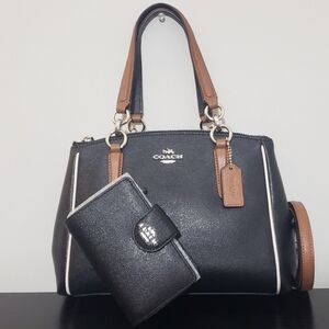 NWT! COACH BLACK AND BROWN COLORBLOCK MINI CHRISTIE CARRYALL  & WALLET SET